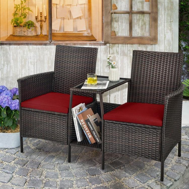 Patio Rattan Wicker Conversation Set Sofa HW63233RE with Cushioned Loveseat Glass Table - YOURISHOP.COM