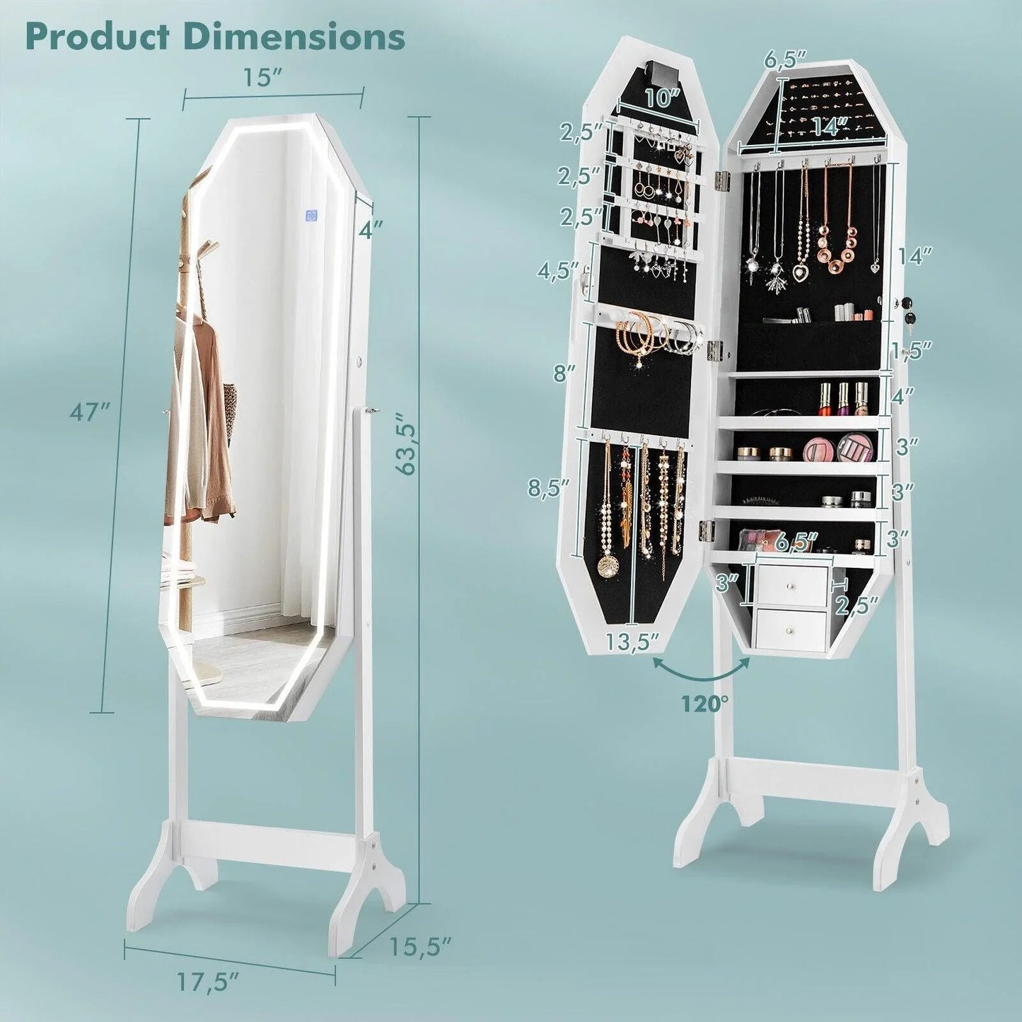 Standing Jewelry Armoire JV10465 with Full Length LED Mirror,Lockable - YOURISHOP.COM