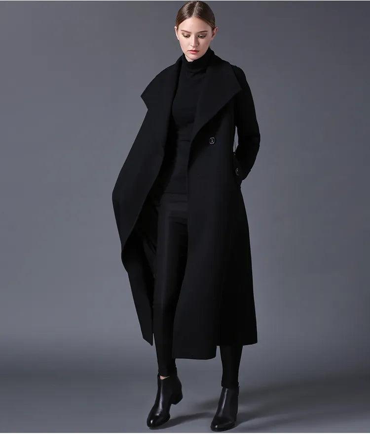 2019 winter women's wool coat lapel black dark blue long section listing - YOURISHOP.COM