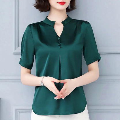2023 Summer Fashion Women Tops Short Sleeve Shirts Casual Elegant Ladies Blouse Office Lady Button V-neck Women Clothing 5379 50 - YOURISHOP.COM