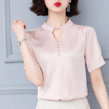 2023 Summer Fashion Women Tops Short Sleeve Shirts Casual Elegant Ladies Blouse Office Lady Button V-neck Women Clothing 5379 50 - YOURISHOP.COM
