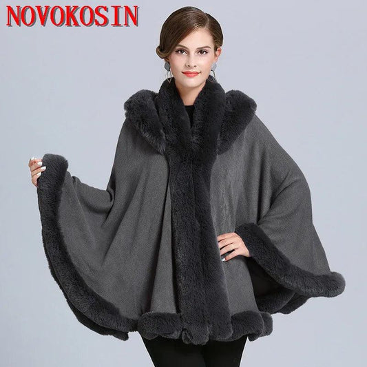 5 Color Winter Thick Warm Grey Black Poncho Cape Women Faux Fur Neck Knitted Cloak Big Pendulum Loose Cardigan Coat With Hat - YOURISHOP.COM