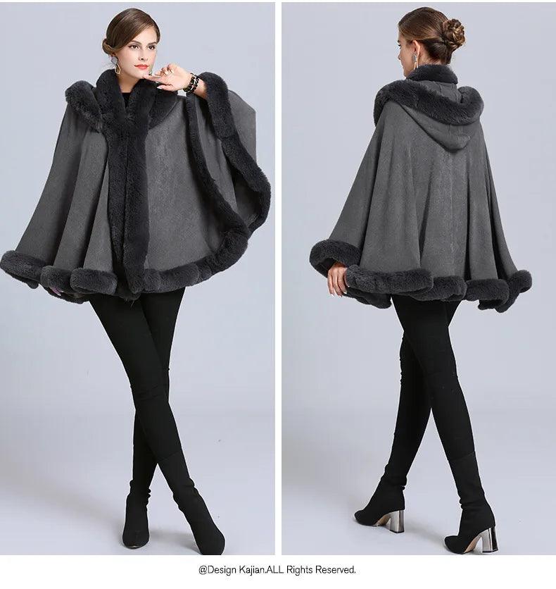 5 Color Winter Thick Warm Grey Black Poncho Cape Women Faux Fur Neck Knitted Cloak Big Pendulum Loose Cardigan Coat With Hat - YOURISHOP.COM