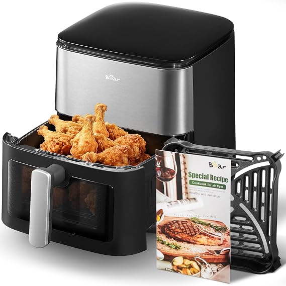 Friteuse sans huile intelligente Bear 6 L | Capacité familiale de 6,3 Qt | Circulation d'air rapide 3D à 360° | Préréglages à écran tactile | 120 V