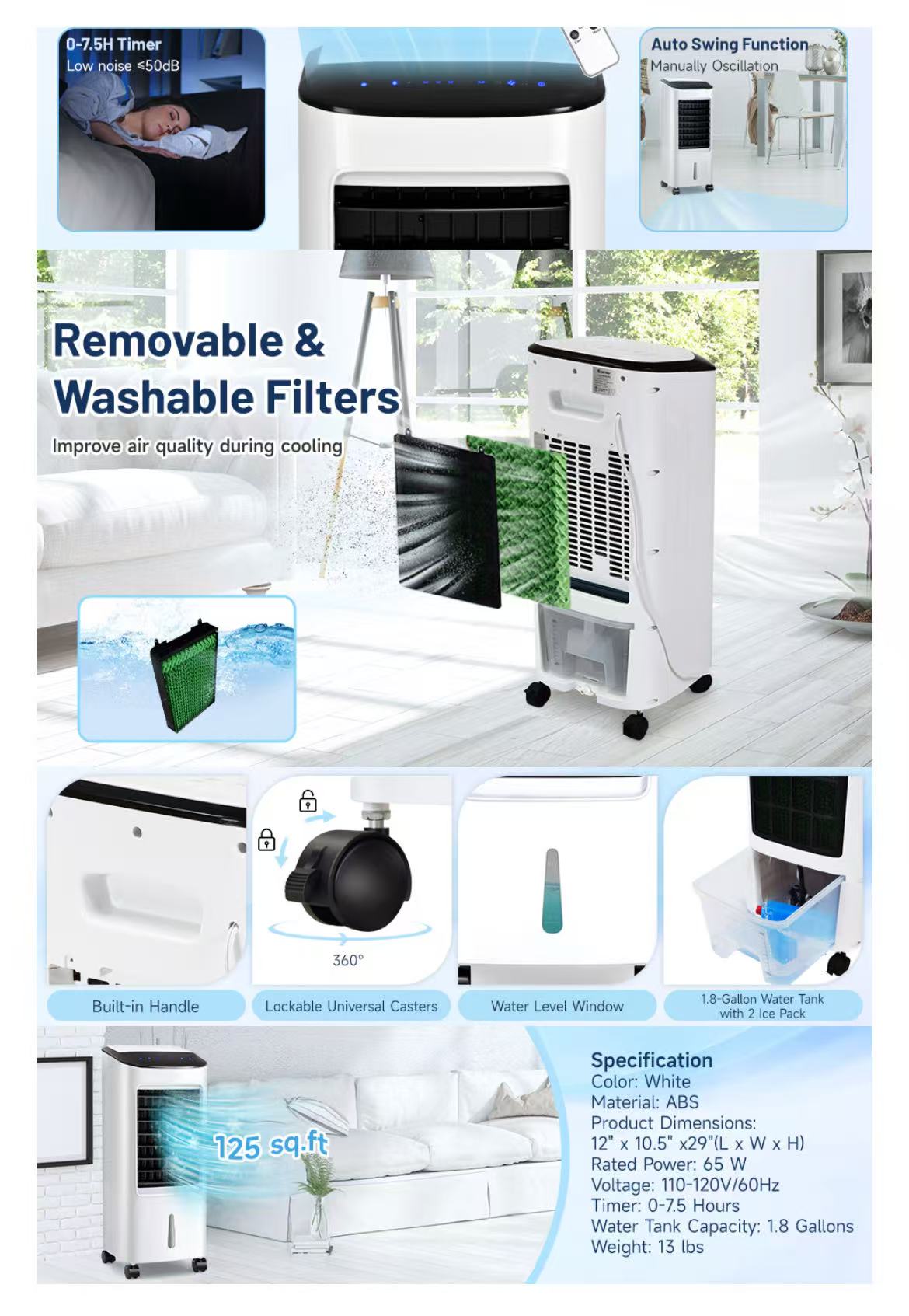 Portable Air Cooler with Humidifier 7L