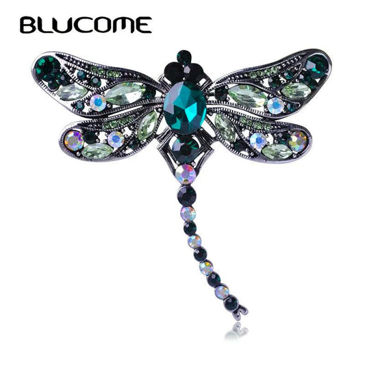 Blucome Green Dragonfly Brooches Corsages Jewelry Shining Crystal Vintage Brooch Crystal Big Broches Scarf Clothes Hijab Pins Up - YOURISHOP.COM