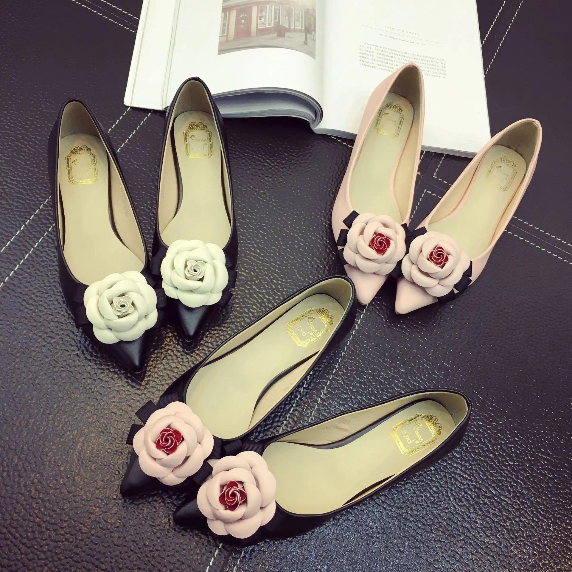Brand Camellia Flower Shoes Women Leather Flats Ladies Office Dress Shoes Pointy Toe Single Shoes Bride-Maid Women Wedding Shoes - YOURISHOP.COM