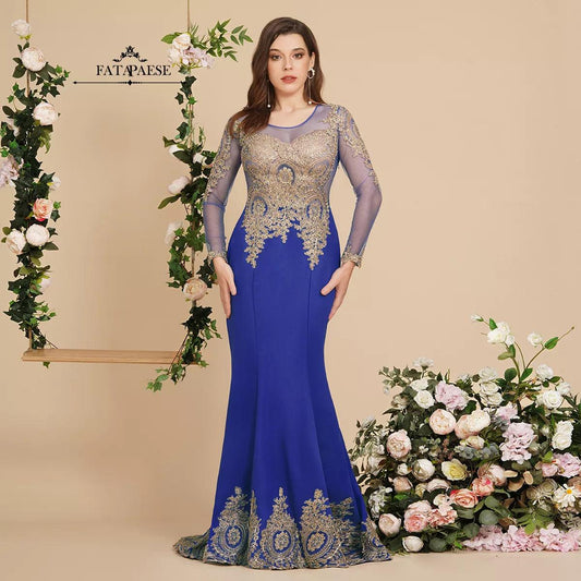 FATAPAESE Elegent Floor Length Mermaid Evening Dress Long Sleeve Sheer Illusion Women Formal Party Gown Gold Appliques Sequied - YOURISHOP.COM