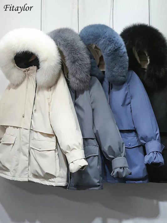 Fitaylor Winter Jacket Women Large Natural Fox Fur White Duck Down Coat Thick Parkas Warm Sash Tie Up Zipper Down Snow Outerwear - YOURISHOP.COM