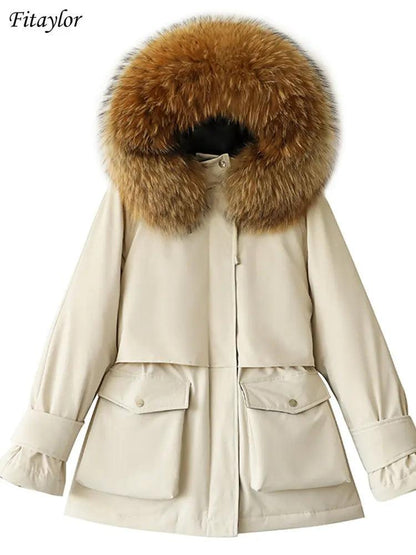 Fitaylor Winter Jacket Women Large Natural Fox Fur White Duck Down Coat Thick Parkas Warm Sash Tie Up Zipper Down Snow Outerwear - YOURISHOP.COM