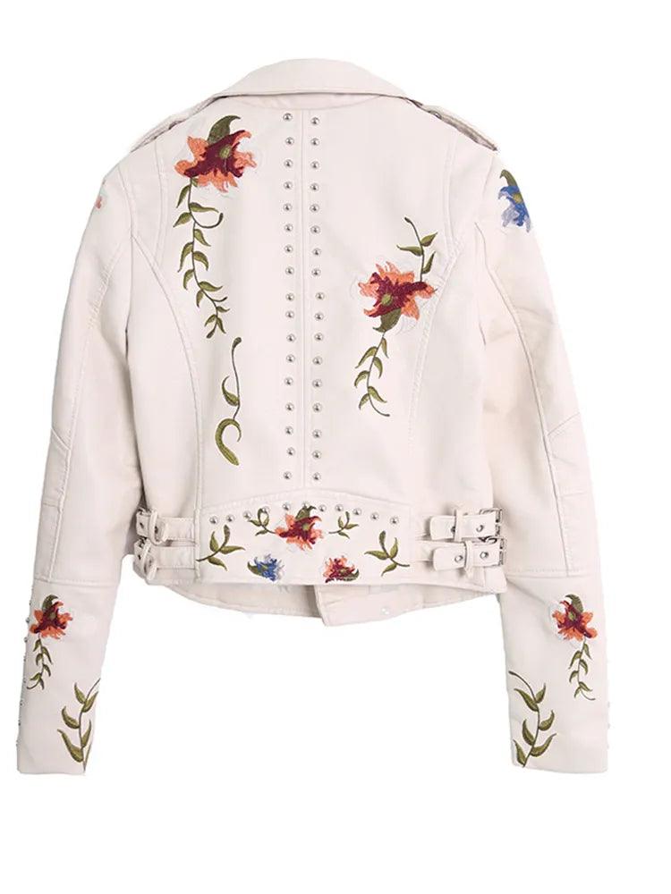 Ftlzz Women Floral Print Embroidery Faux Soft Leather Jacket Coat Turn-down Collar Casual Pu Motorcycle Black Punk Outerwear - YOURISHOP.COM