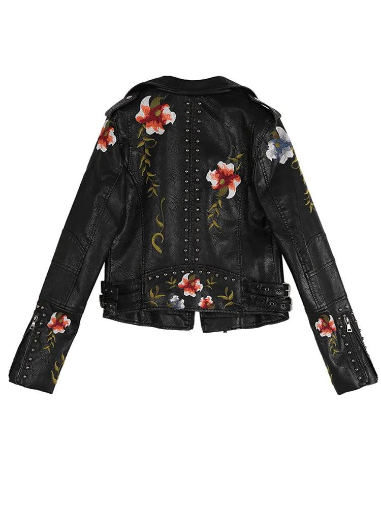 Ftlzz Women Floral Print Embroidery Faux Soft Leather Jacket Coat Turn-down Collar Casual Pu Motorcycle Black Punk Outerwear - YOURISHOP.COM