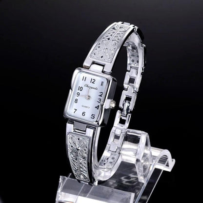 Gold/Silver Women Vintage Luxury Watches Elegant Quartz Fashion Rectangle Dial Watch Carved Pattern Bracelet Casual WristWatches - YOURISHOP.COM