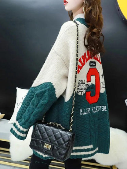 H.SA 2022 Women Oversized Cardigans V Neck Letters Embroidery Casual Patchwork Loose Jumpers Thick Warm Spring Knit Jacket Coat - YOURISHOP.COM