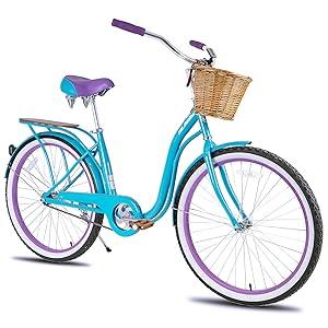 Hiland 26 Inch Beach Bike for Women, Single Speed Commuter Bicycle with Basket and Rear Cargo, Multiple Colors City Bike - YOURISHOP.COM