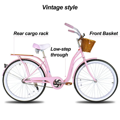 Hiland 26 Inch Beach Bike for Women, Single Speed Commuter Bicycle with Basket and Rear Cargo, Multiple Colors City Bike - YOURISHOP.COM
