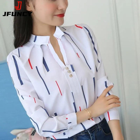 JFUNCY Women White Tops Women's Blouses Fashion Stripe Print Casual Long Sleeve Office Lady Work Shirts Female Slim Blusas - YOURISHOP.COM