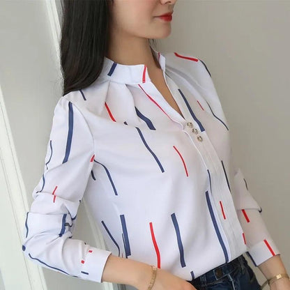 JFUNCY Women White Tops Women's Blouses Fashion Stripe Print Casual Long Sleeve Office Lady Work Shirts Female Slim Blusas - YOURISHOP.COM