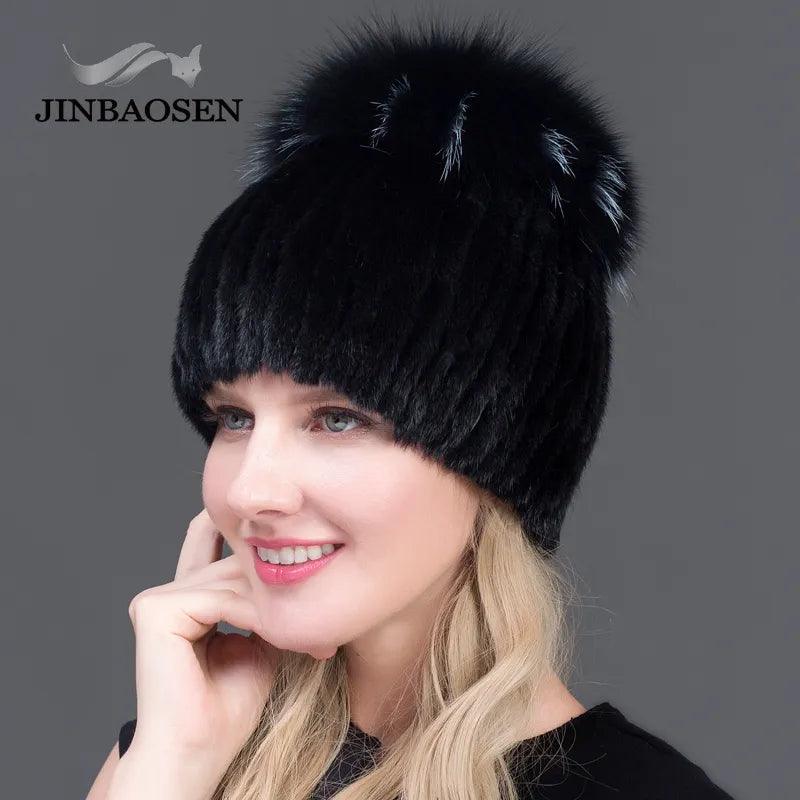 JINBAOSEN Hot Sale Fashion Winter Warm Women Knit Caps Mink Hats With FOX Fur Vertical Woven Top - YOURISHOP.COM