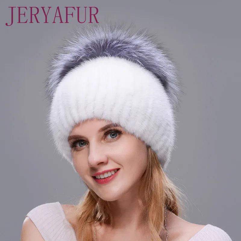 JINBAOSEN Hot Sale Fashion Winter Warm Women Knit Caps Mink Hats With FOX Fur Vertical Woven Top - YOURISHOP.COM