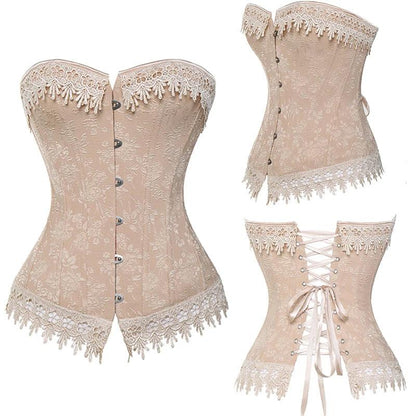 Lace Up Corsets Bustiers Overbust Waist Trainer Embroidery Sexy Boned White Beige Corset Burlesque Costumes Corselet Halloween - YOURISHOP.COM