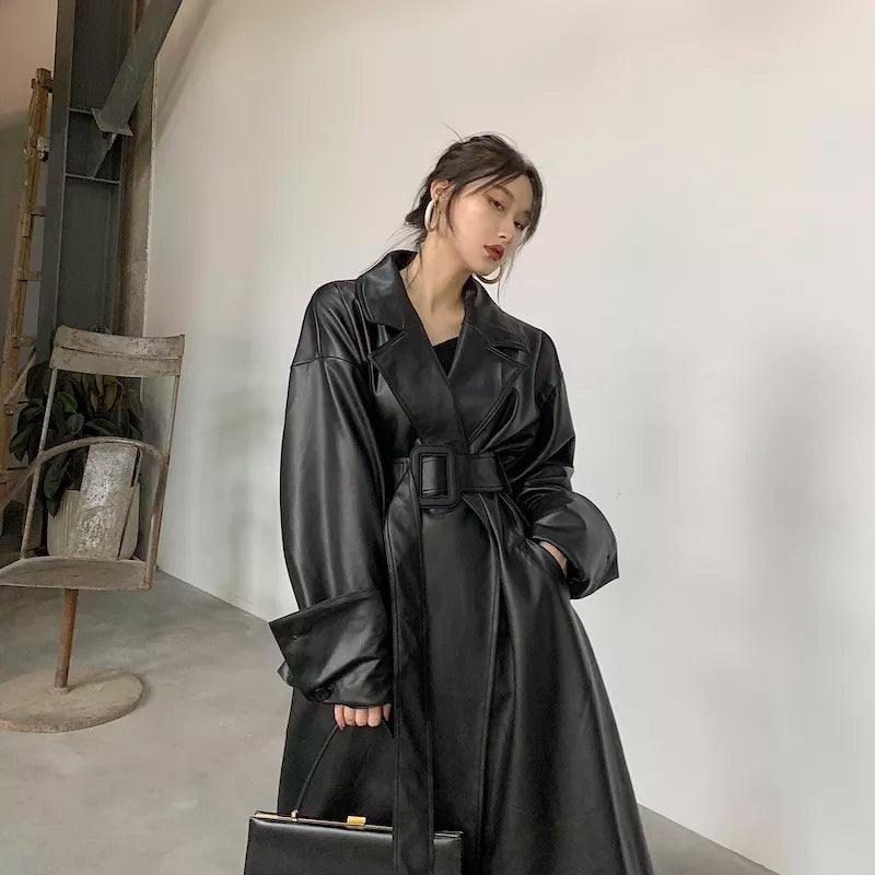 Lautaro Long oversized leather trench coat for women long sleeve lapel loose fit Fall Stylish black women clothing streetwear - YOURISHOP.COM