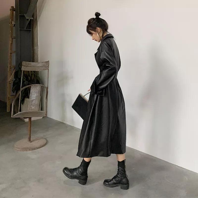 Lautaro Long oversized leather trench coat for women long sleeve lapel loose fit Fall Stylish black women clothing streetwear - YOURISHOP.COM