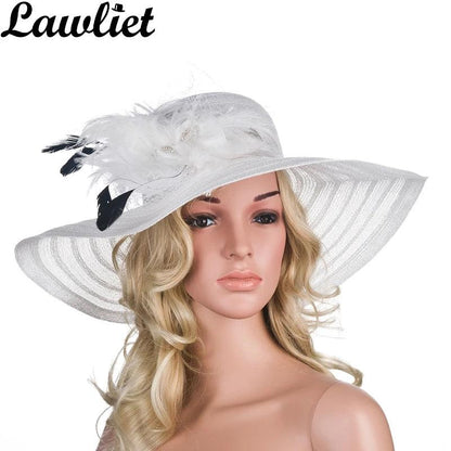 Lawliet Women Dress Hats Church Wedding Kentucky Derby Wide Brim Feather Veil Sun Hat Female Floppy Hats for Summer A265 - YOURISHOP.COM