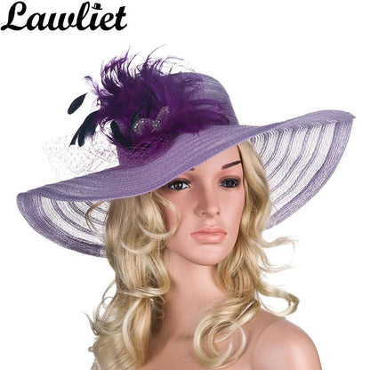 Lawliet Women Dress Hats Church Wedding Kentucky Derby Wide Brim Feather Veil Sun Hat Female Floppy Hats for Summer A265 - YOURISHOP.COM