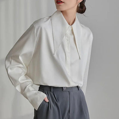 Long Sleeve White Satin Blouse Women Autumn New Fashion Loose Vintage Button Shirt Women Clothing Chic Office Lady Tops D86 - YOURISHOP.COM