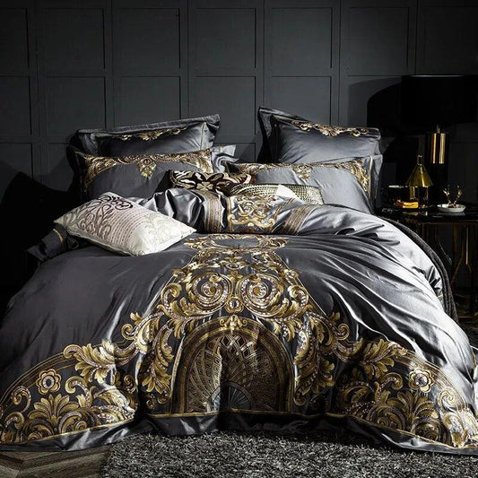 Luxury Gray Red 1000TC Satin Egyptian Cotton Bedding set Gold Royal Embroidery Queen King Duvet Cover Bed Linen/sheet Pillowcase - YOURISHOP.COM