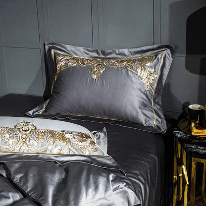 Luxury Gray Red 1000TC Satin Egyptian Cotton Bedding set Gold Royal Embroidery Queen King Duvet Cover Bed Linen/sheet Pillowcase - YOURISHOP.COM