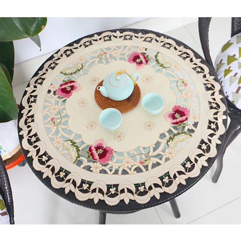 Luxury round satin rose flower Embroidered table cover cloth kitchen Christmas coffee tea tablecloth wedding party home decor - YOURISHOP.COM