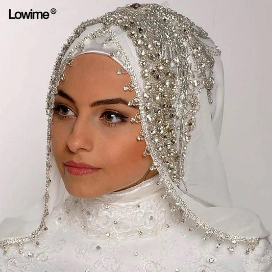 Luxury Sewing Beads Crystal Veils Custom Made Color Length Wide Muslim Veils Hijab One Layer Handy Made Wedding Veil LW-107 - YOURISHOP.COM