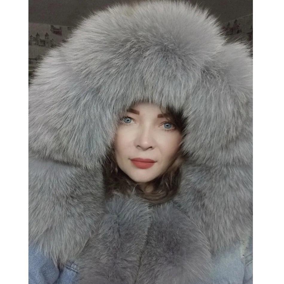 Maomaokong natural rabbit fur lined denim jacket fox fur coat fashion denim coat fox fur warm lady winter jacket women parka - YOURISHOP.COM