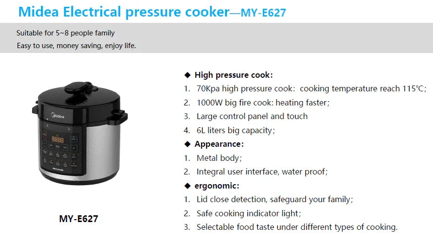 Midea Pressure Cooker MY-CS627 | Multiple Functions | 6 L | Yourishop.com - YOURISHOP.COM