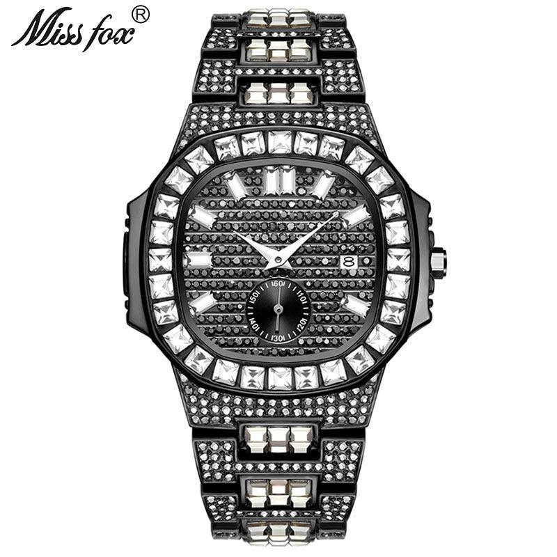 MISSFOX Luxury Men Watch Gold 18K Model Fully Paved Baguette Diamond Mens Watches Waterproof Calendar Male Clock Hours - YOURISHOP.COM