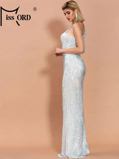 Missord Silver Sequin Evening Dresses Women Elegant One Shoulder Long Sleeve Bodycon Maxi Party Prom Dress Blue Formal Gown - YOURISHOP.COM
