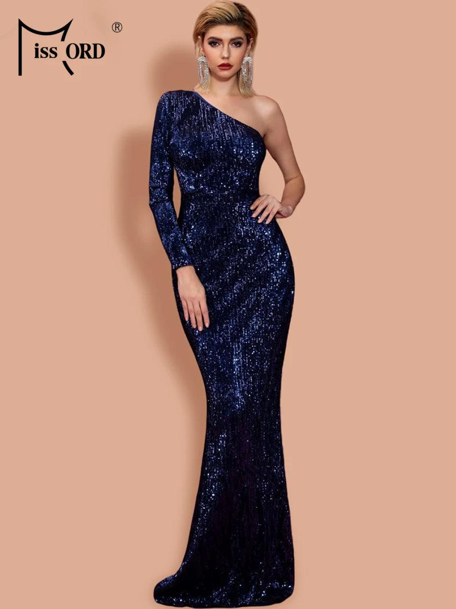 Missord Silver Sequin Evening Dresses Women Elegant One Shoulder Long Sleeve Bodycon Maxi Party Prom Dress Blue Formal Gown - YOURISHOP.COM