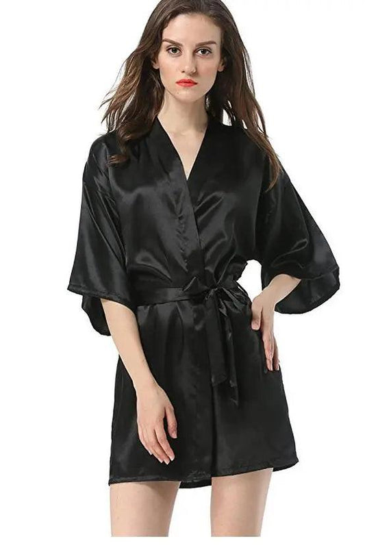 New Black Chinese Women's Faux Silk Robe Bath Gown Hot Sale Kimono Yukata Bathrobe Solid Color Sleepwear S M L XL XXL NB032 - YOURISHOP.COM