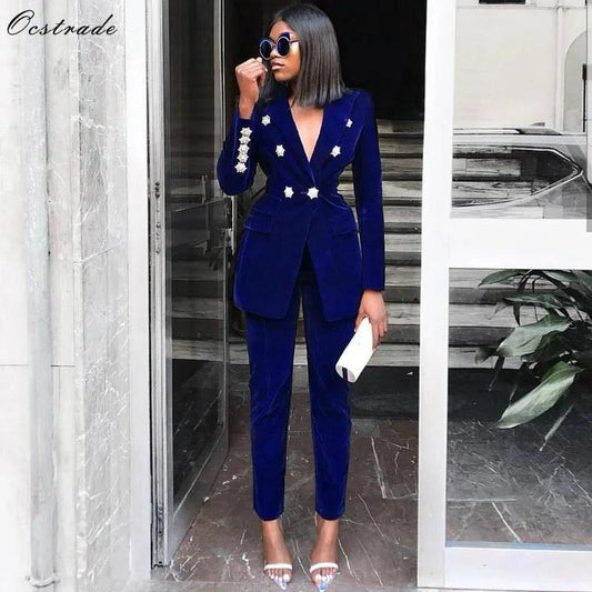 Ocstrade Summer Sets for Women 2020 New Navy Blue V Neck Long Sleeve Sexy 2 Piece Set Outfits High Quality Two Piece Set Suit - YOURISHOP.COM