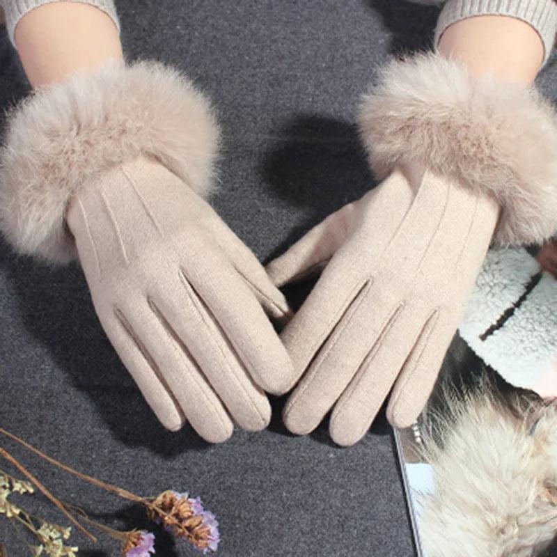 Rabbit Fur Gloves Female Winter Velvet Thicken Warm Mittens Cashmere Full Finger Embroidery Wool Touch Screen Driving Gloves H65 - YOURISHOP.COM