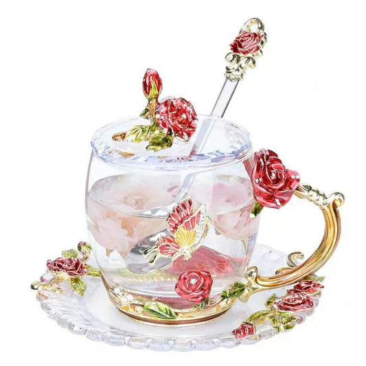 Red Rose Enamel Coffee cup Mug Crystal Glass Cups and mugs High-grade Tea Cup Drinkware Gift Couple Mug For Lover Tea Set - YOURISHOP.COM