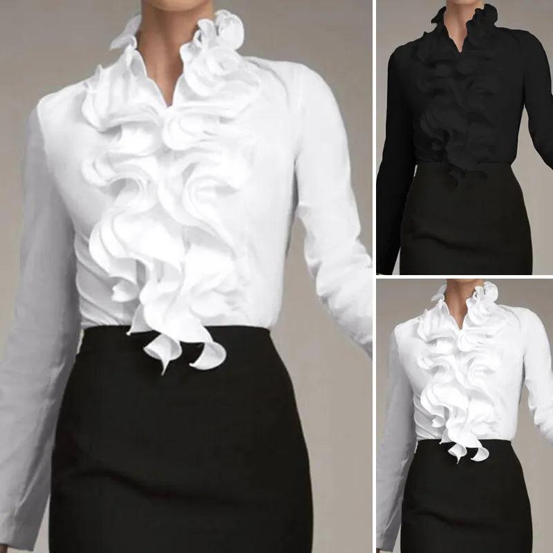 S ZANZEA Ladies Chic Tunic Tops Spring Office Ruffles Shirts Women Long Sleeve Elegant Work Flounce Blouse Female Blusas - YOURISHOP.COM