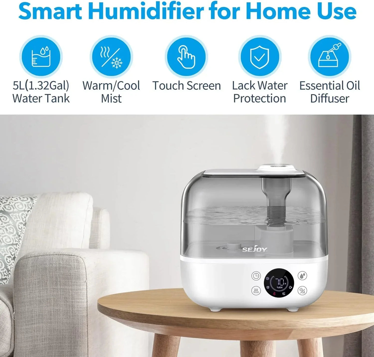 SEJOY 5L Humidifiers for Bedroom Large Capacity Low Noise for Home Office Ultrasonic Mist Humidifier - YOURISHOP.COM