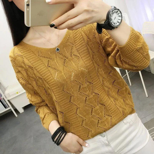 Spring Women's New Thin Cut Out Long Sleeve Base Coat Short V-neck Solid Color Sweater Lady Casual Loose Top - YOURISHOP.COM