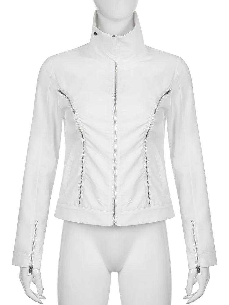 Sweetown Street Style Zipper Fashion White Bomber Jackets Women Zip Up Turn Down Collar Long Sleeve Black Outwear Korean Fashion - YOURISHOP.COM