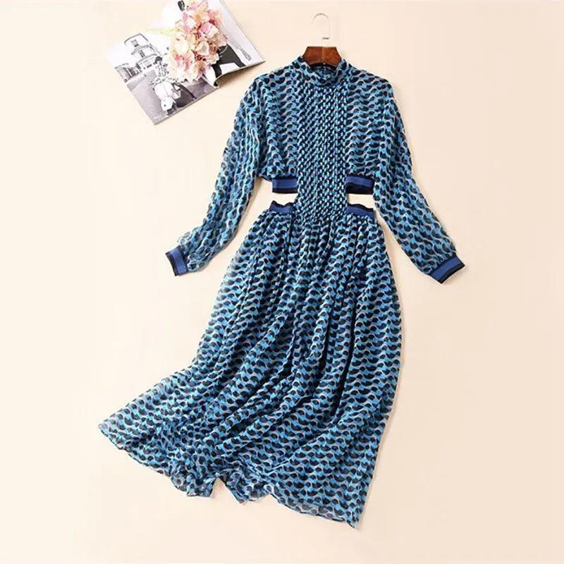 TWOTWINSTYLE Summer Print Dress For Women Stand Collar Long Sleeve High Waist Hollow Out Midi Dresses Female Fashion 2022 New - YOURISHOP.COM