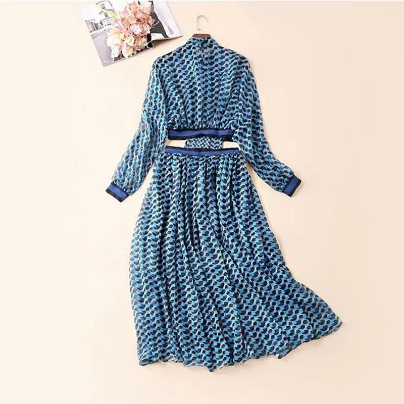 TWOTWINSTYLE Summer Print Dress For Women Stand Collar Long Sleeve High Waist Hollow Out Midi Dresses Female Fashion 2022 New - YOURISHOP.COM