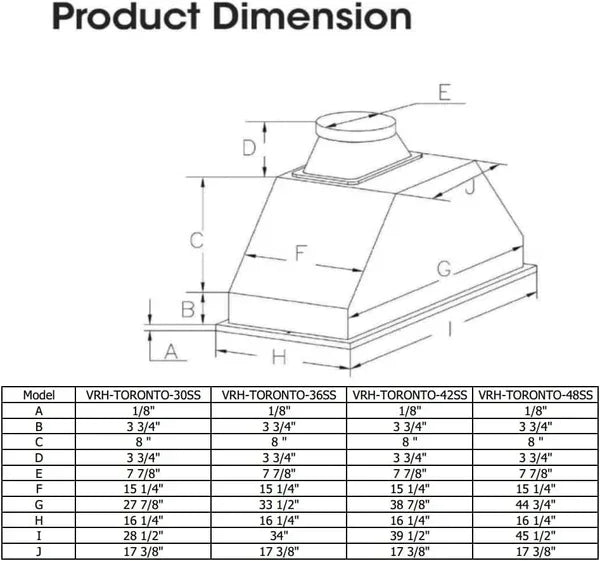 Vesta Range Hood Toronto, Insert 30"/36"/42"/48", 1000CFM Powerful Motors - YOURISHOP.COM